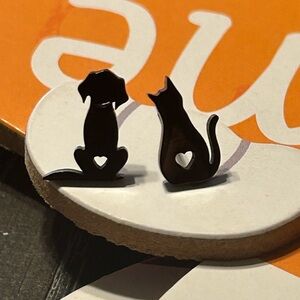 Pet Silhouette Heart Stud Earrings - Black Cat & Dog Pair
